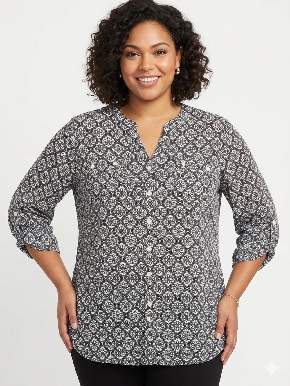Millenium black/cream floral 3/4 sleeve button front blouse size large NWT